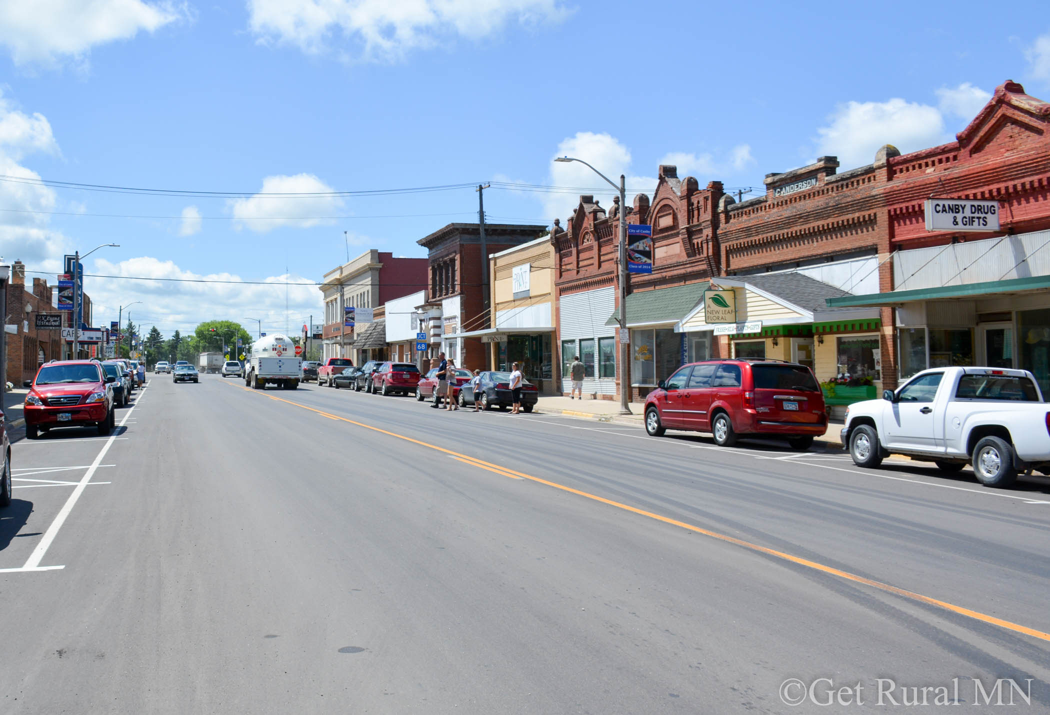 Small businesses and street view in downtown Canby, MN